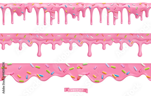 Donut pink icing with sprinkles. 3d vector realistic seamless pattern photo