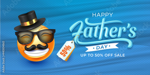 Father's Day banner promotion template with emoji of Dad from hat, glasses, and mustache