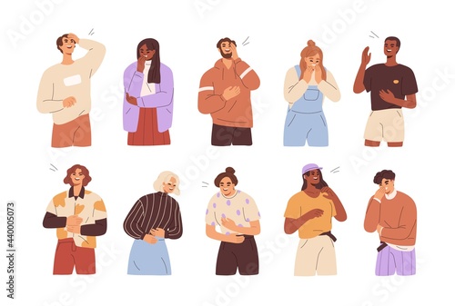 Set of diverse people laughing out loud. Funny laughter of happy cheerful men and women. Portraits of joyful characters with positive emotion. Flat vector illustration isolated on white background photo