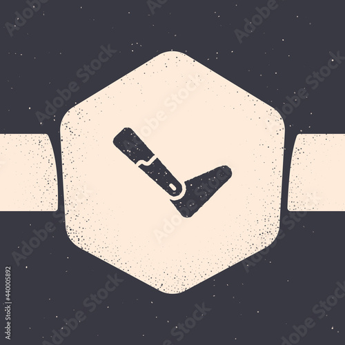 Grunge Prosthesis leg icon isolated on grey background. Futuristic concept of bionic leg, robotic mechanical leg. Monochrome vintage drawing. Vector