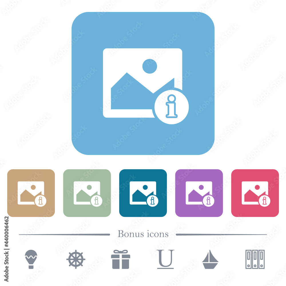 Image info flat icons on color rounded square backgrounds Image info flat icons on color rounded square backgrounds