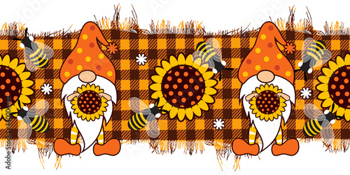 .Sunflower gnomes and bees on a checkered background. Seamless vector pattern. Honey farms decor. Design ribbon.