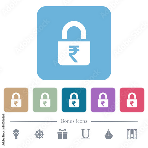 Locked rupees flat icons on color rounded square backgrounds