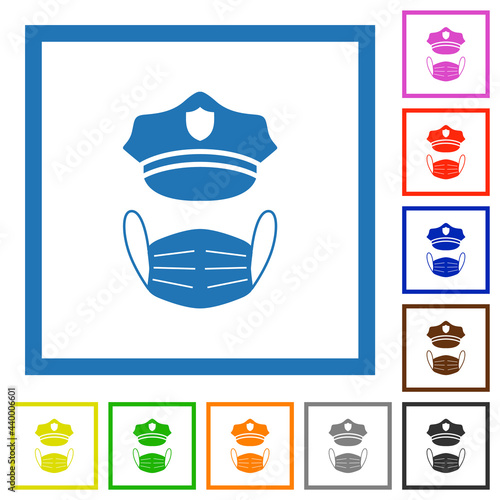 Police hat and medical face mask flat framed icons