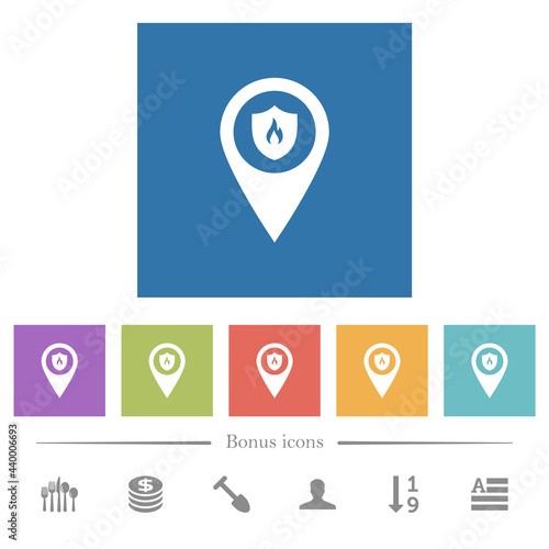 Fire station GPS map location flat white icons in square backgrounds