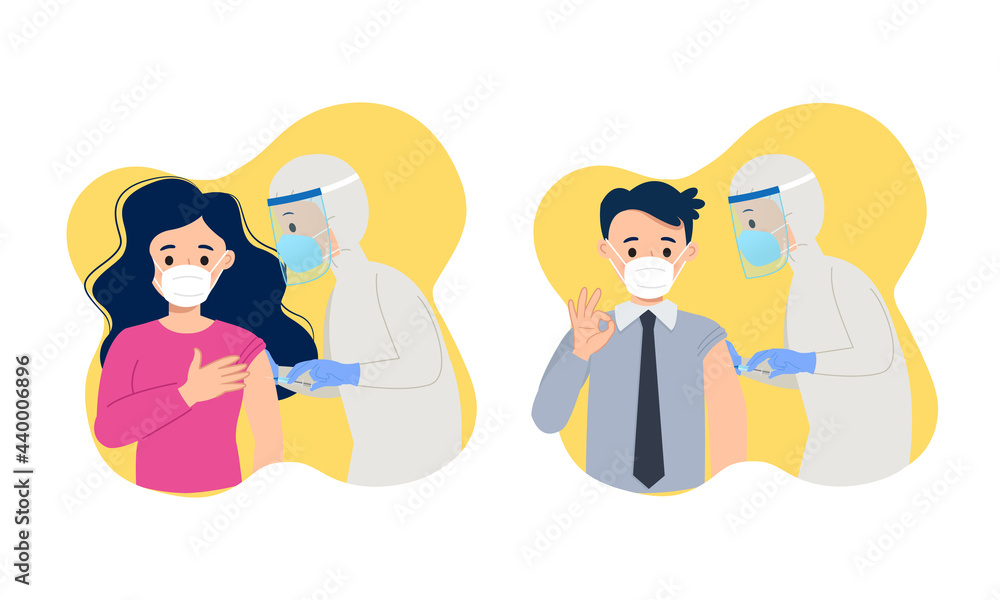 Man and woman getting shot by medical staff. Covid-19 vaccine clip art. Flat vector cartoon design Man and woman getting shot by medical staff. Covid-19 vaccine clip art. Flat vector cartoon design