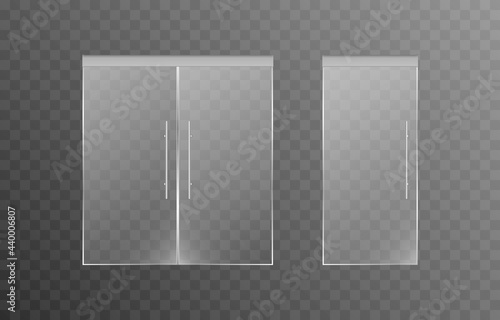 Set of glass doors on an isolated transparent background. Doors of the main entrance, to a shop, office, shopping center. Closed doors. PNG.