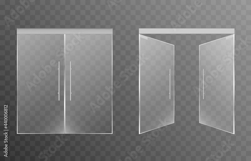Set of glass doors on an isolated transparent background. Main entrance doors to shop, office, shopping center. Closed doors. PNG.