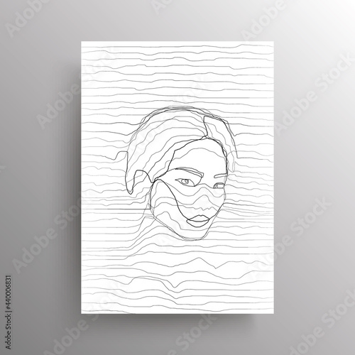 Portrait of an abstract Asian female face in wavy horizontal lines style isolated on white background. Design for wall decoration, poster. Vector