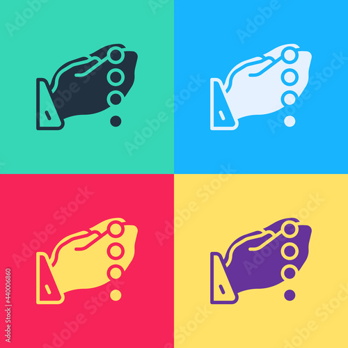 Pop art Hands in praying position with rosary icon isolated on color background. Praying hand islam muslim religion spirituality religious. Vector