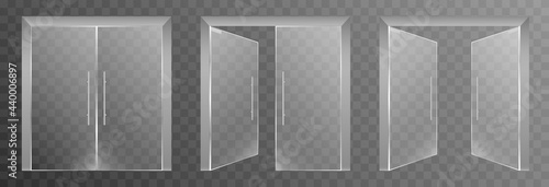 Set of glass doors on an isolated transparent background. Main entrance doors to shop, office, shopping center. Closed doors. PNG.