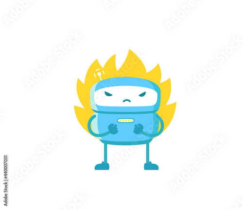 Angry robot. Deadline. Evil warrior android character. With blazing flame fire. Fatal exception error. Vector illustration.