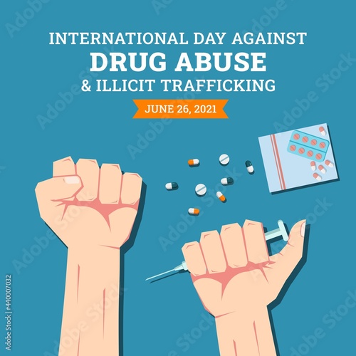 International day against drug abuse and illicit trafficking background design. Flat style vector illustration of flat lay top view of capsule and pill drugs and hands getting injected.