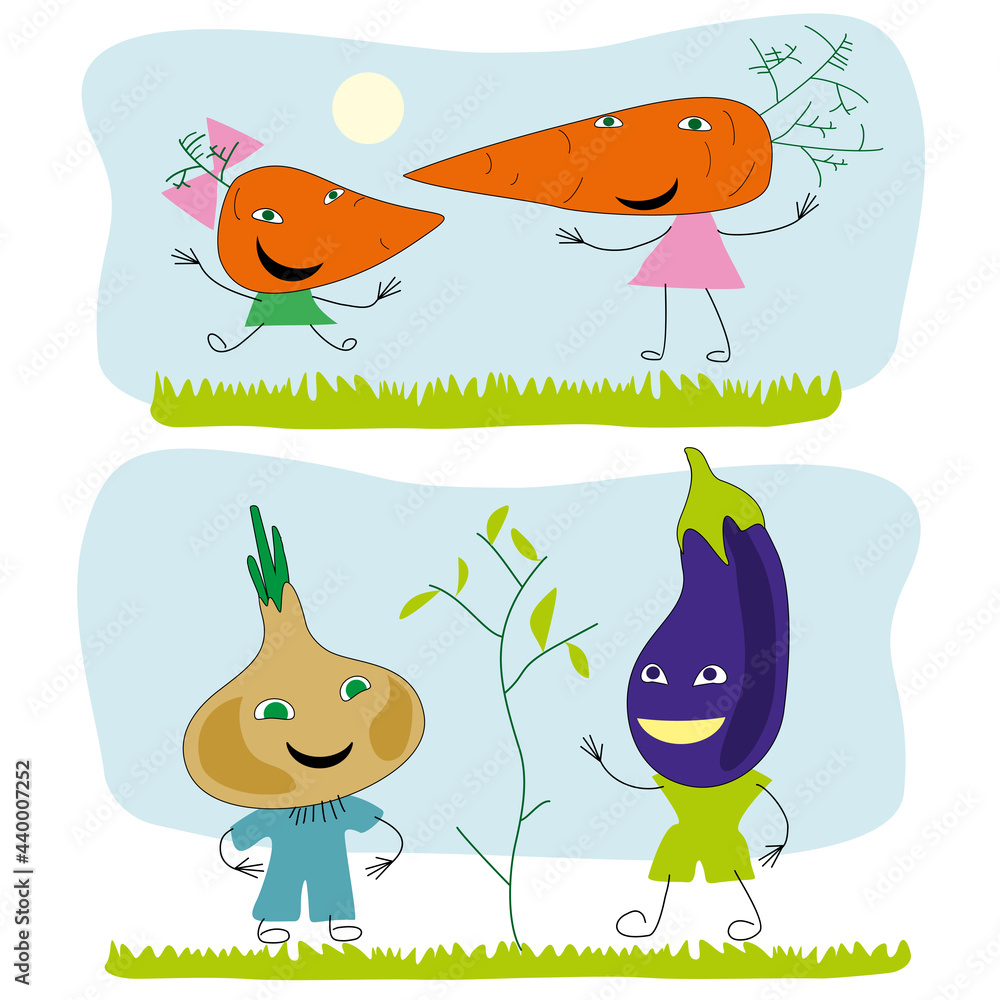 Obraz premium Cartoon characters representing vegetables, carrots, eggplant and onions