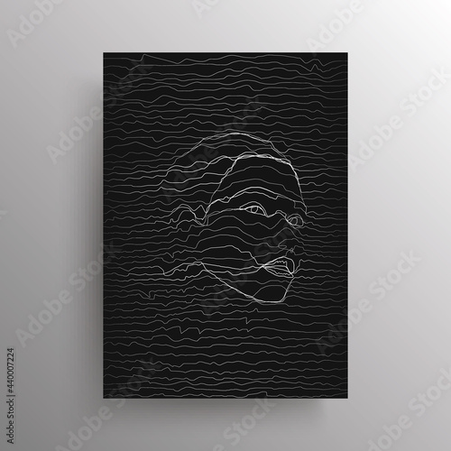 Abstract female face in wavy horizontal lines style. Portrait of a woman in linear distortion style isolated on black background. Design for wall decoration, poster. Vector