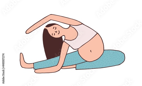 Young pregnant woman stretching her body, doing pregnancy yoga exercise in sitting position. Pilates and fitness for mom with belly. Colored flat vector illustration isolated on white background