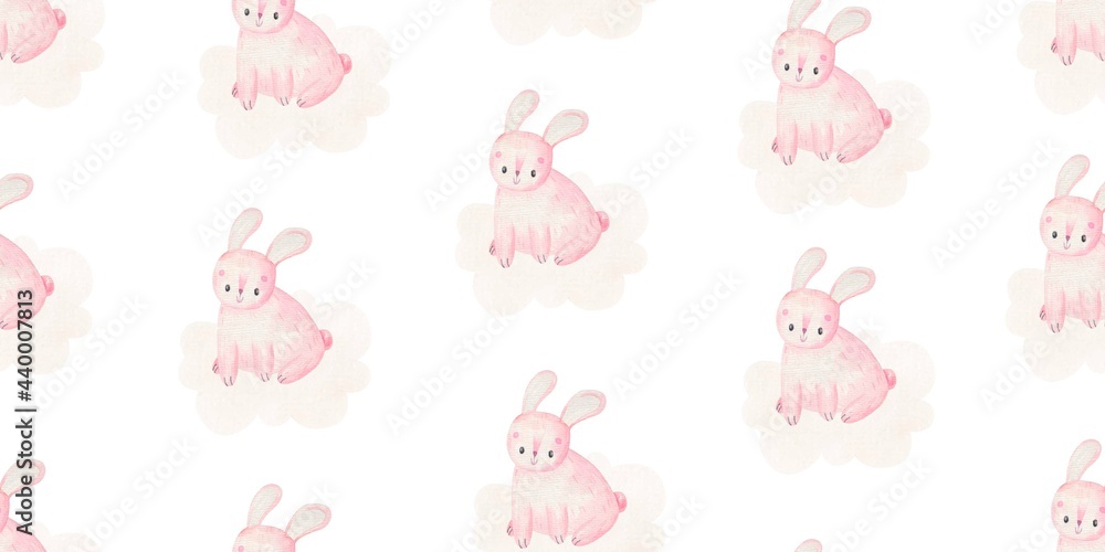childish pattern with pink rabbits, cute baby watercolor illustration