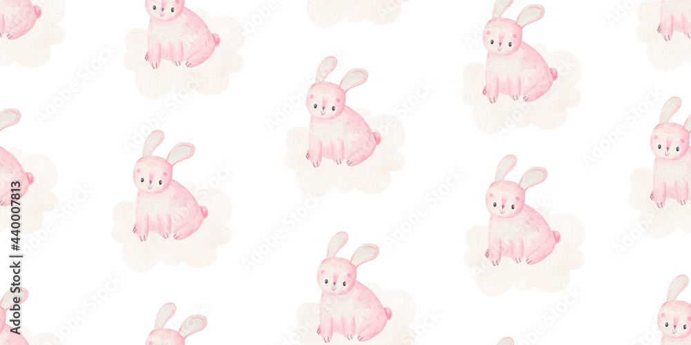 childish pattern with pink rabbits, cute baby watercolor illustration childish pattern with pink rabbits, cute baby watercolor illustration