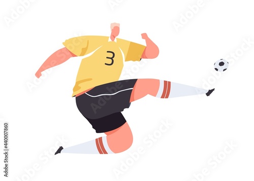 Soccer player kicking ball with foot. Athlete in uniform playing European foo...