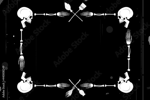 Skull, bones, halloween. Background, template, blank for inscription, logo. Vector frame in retro silent movie style