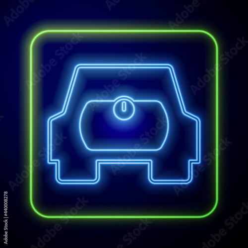 Glowing neon Gas tank for vehicle icon isolated on blue background. Gas tanks are installed in a car. Vector