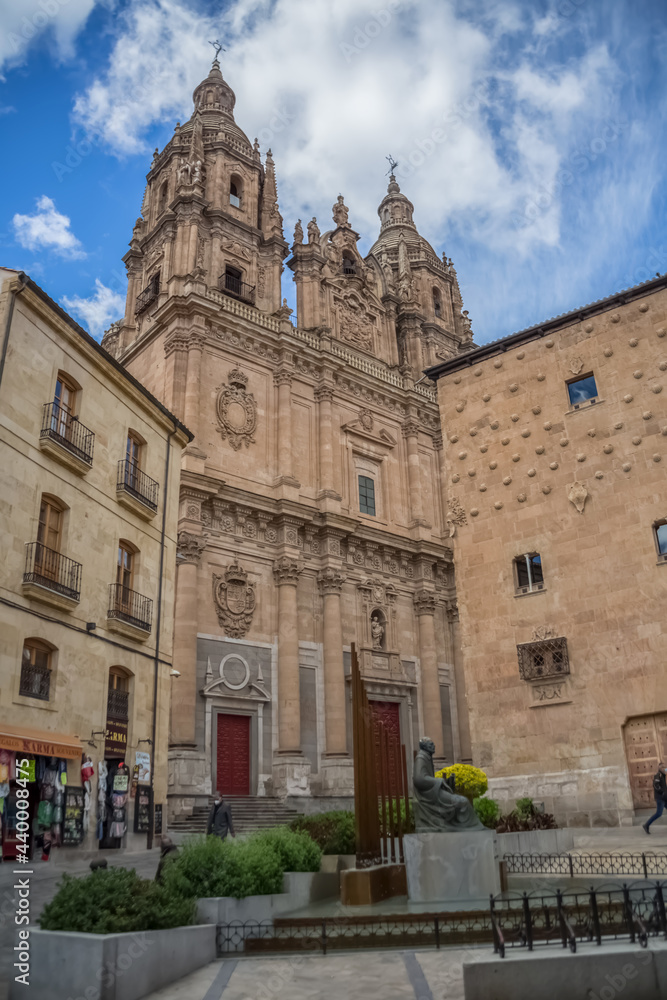 View with Casa de las Conchas lateral facade and baroque iconic facade at the La Clerecía building, Pontifical university at Salamanca, Universidad Pontificia de Salamanca (UPSA)