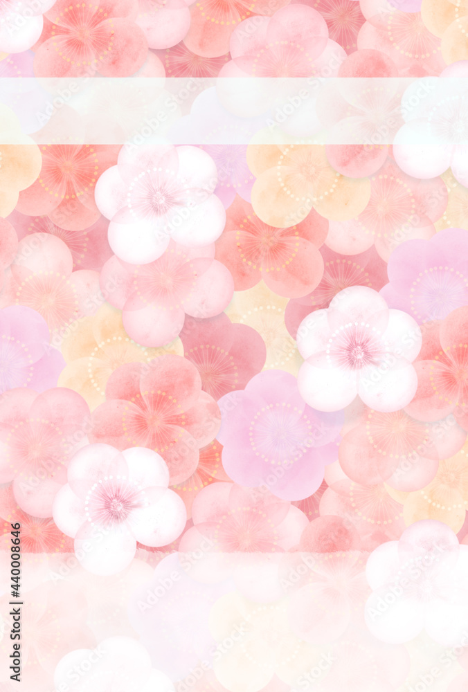 ハガキサイズ　淡く柔らかな梅の花模様　文字スペース　縦