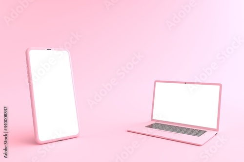 3D rendering of mockup pink smartphone white screen opposite of Mock up of pink laptop white screen lay on the ground. Smartphone white screen can be used for advertising,Isolated on pink background.