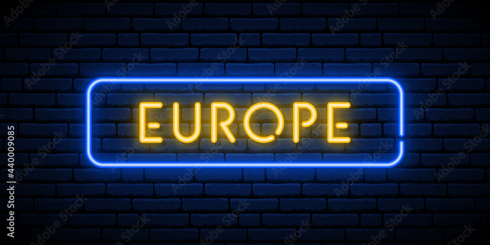 Europe neon sign. Bright light signboard. Vector banner. Europe neon sign. Bright light signboard. Vector banner.