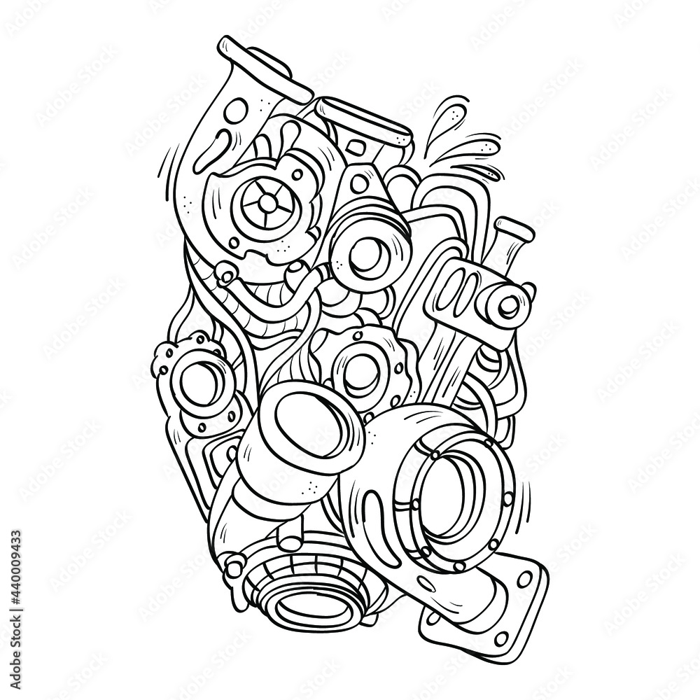 Car Engine Components doodle, outline handwriting style, perfect for t-shirts, pillows, mugs, banners, posters, advertisements