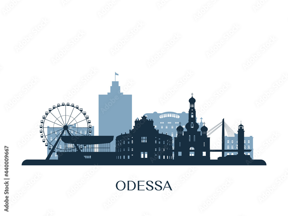Odessa skyline, monochrome silhouette. Vector illustration.