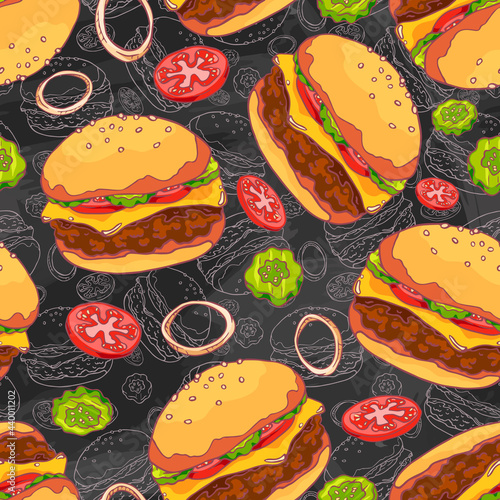 Tasty juicy greasy cheeseburger. American cuisine. Burger with beef patty, ketchup, pickled cucumbers and onions, melted cheese. Fast food. Hand drawing. Chalk board. Seamless background with pattern.