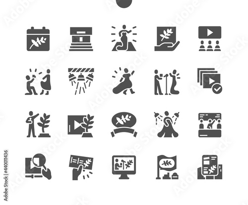 Festival de Cannes. Cinema hall. Celebrity and paparazzi. Film selection. Online streaming. Vector Solid Icons. Simple Pictogram