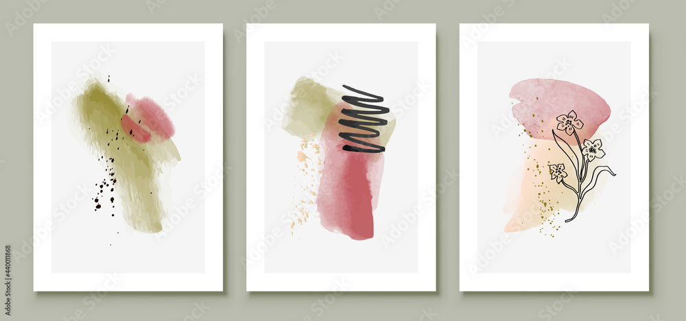 Green and Pink Abstract Watercolor Compositions. Set of soft color painting wall art for house decoration or invitations. Minimalistic background design. Vector wall art plants in minimalist style.