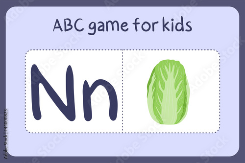 Kid alphabet mini games in cartoon style with letter N - napa cabbage. Vector illustration for game design - cut and play. Learn abc with fruit and vegetable flash cards.