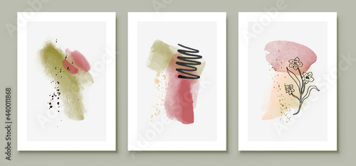 Green and Pink Abstract Watercolor Compositions. Set of soft color painting wall art for house decoration or invitations. Minimalistic background design. Vector wall art plants in minimalist style. © great_bergens