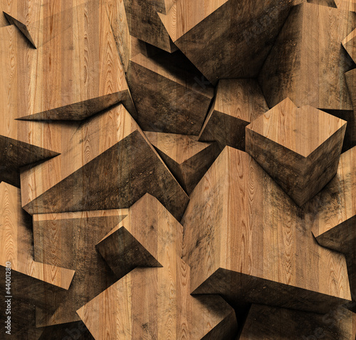 3d illustration. Background image of three-dimensional triangles of the same size, located at different heights, with a shadow and with the texture of natural and painted wood. Wood panel. Render © mehkod