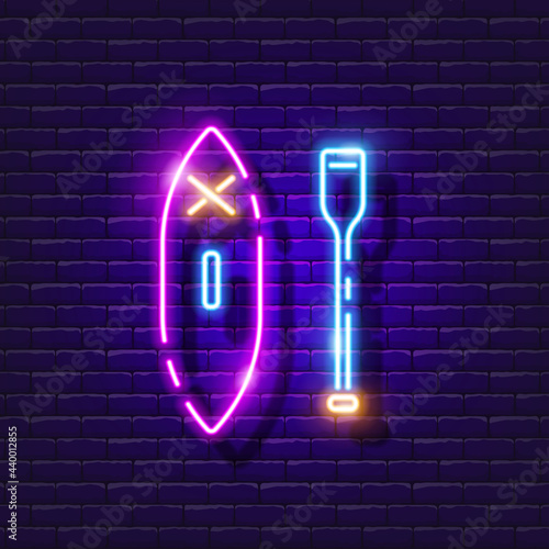 SUP surfing neon icon. SUP board glowing sign. Vector illustration for design. Water Sports concept.