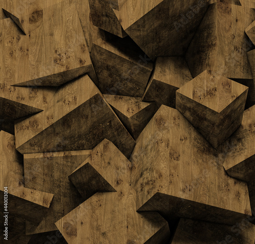 Fototapeta Naklejka Na Ścianę i Meble -  3d illustration. Background image of three-dimensional triangles of the same size, located at different heights, with a shadow and with the texture of natural and painted wood. Wood panel. Render
