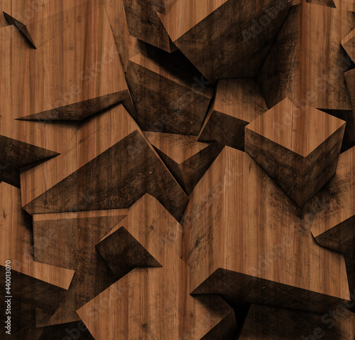 Fototapeta Naklejka Na Ścianę i Meble -  3d illustration. Background image of three-dimensional triangles of the same size, located at different heights, with a shadow and with the texture of natural and painted wood. Wood panel. Render