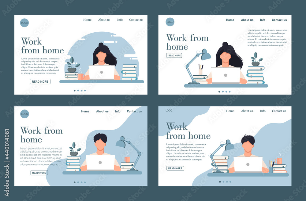 Freelance work. A set of websites. Customer support chat and work from home. Men and girls at the computer. Work from home concept. Landing page template. Vector stock illustration.