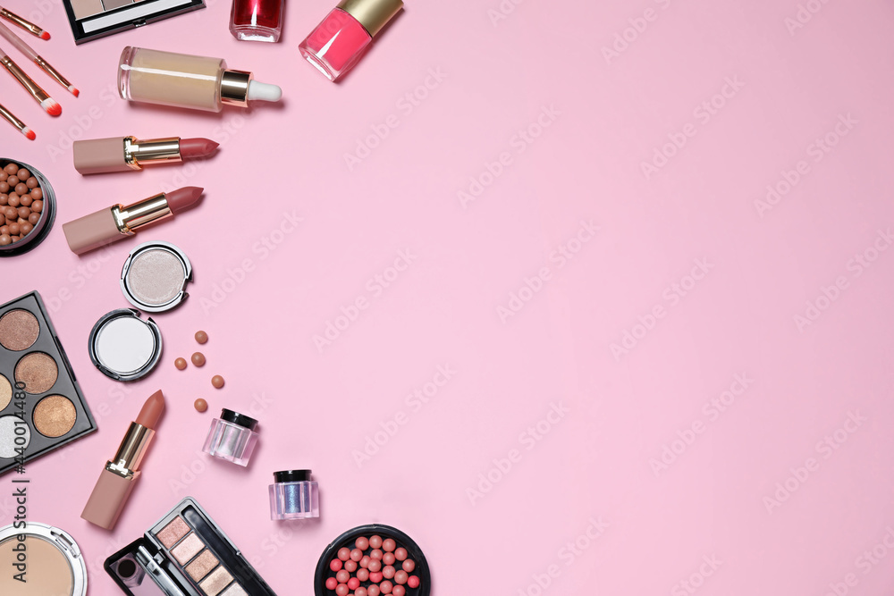 Flat lay composition with decorative cosmetics on pink background, space for text Flat lay composition with decorative cosmetics on pink background, space for text
