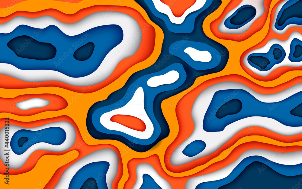 Papercut style abstract wavy blue and orange background