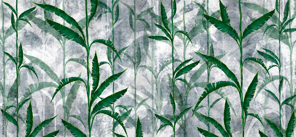 tropical leaves in the form of vines on a textured background, in green-gray tones, photo wallpaper