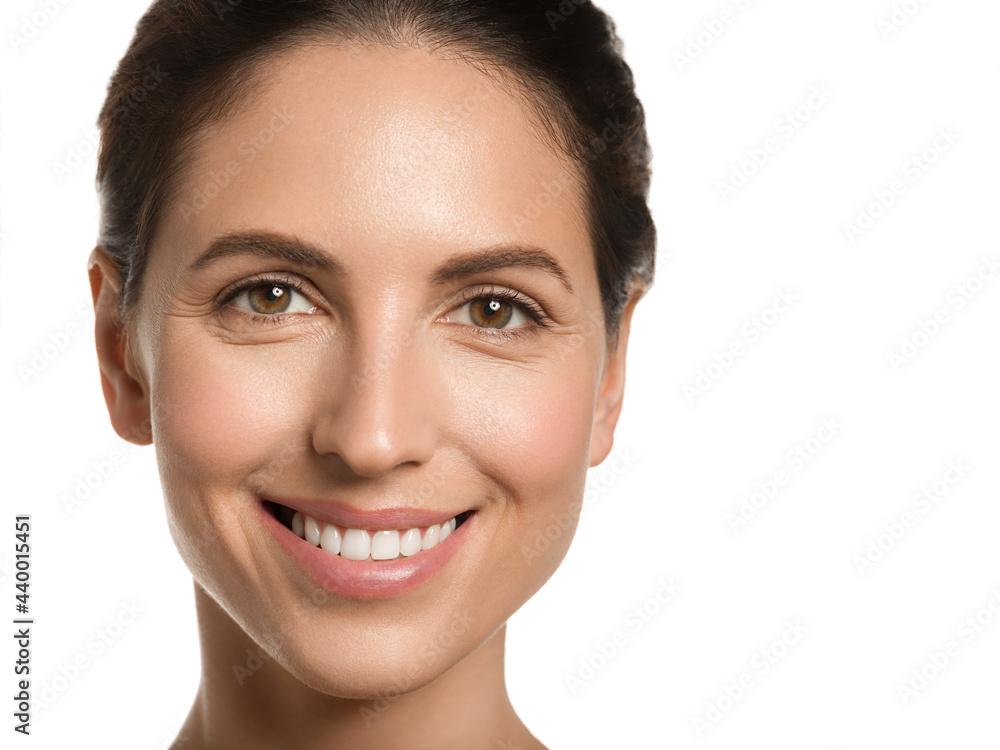 Beautiful woman teeth smile with healthy clean skin close up natural healthy fresh make up. Beauty female with healthy clean skin spa concept isolated on white Beautiful woman teeth smile with healthy clean skin close up natural healthy fresh make up. Beauty female with healthy clean skin spa concept isolated on white