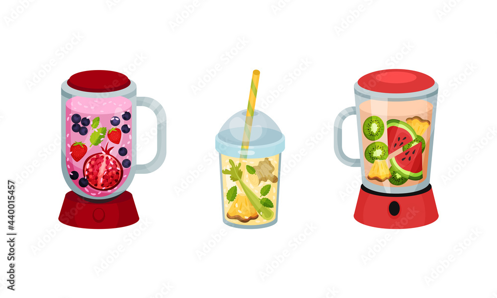 Obraz premium Smoothie in Blender and Glass with Straw with Different Ingredients Mixing Together Vector Set