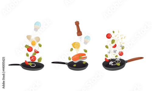 Food Preparation with Floating Salmon Steak and Vegetables Cooking on Frying Pan Vector Set