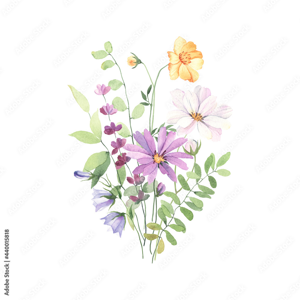 Bouquet with colorful flowers cosmos, coreopsis, bells, lavender and green leaves on branches. Watercolor floral isolated illustration on white background for invitation or greeting cards.