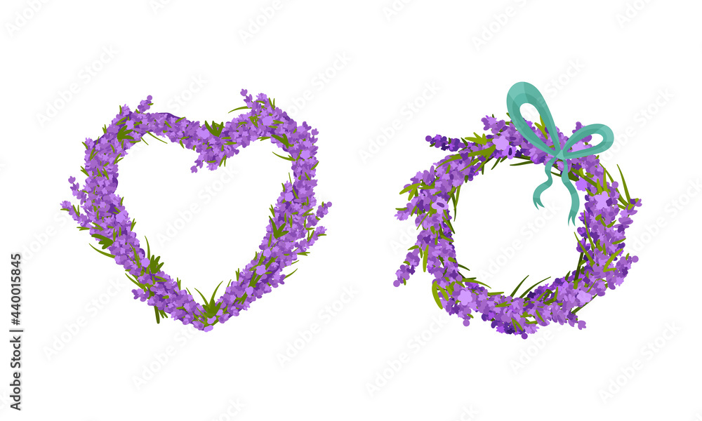 Violet Lavender Twigs Arranged in Circle and Heart Wreath Vector Set