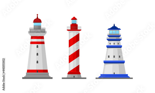 Lighthouse Tower Serving as Navigational Aid on Sea Vector Set